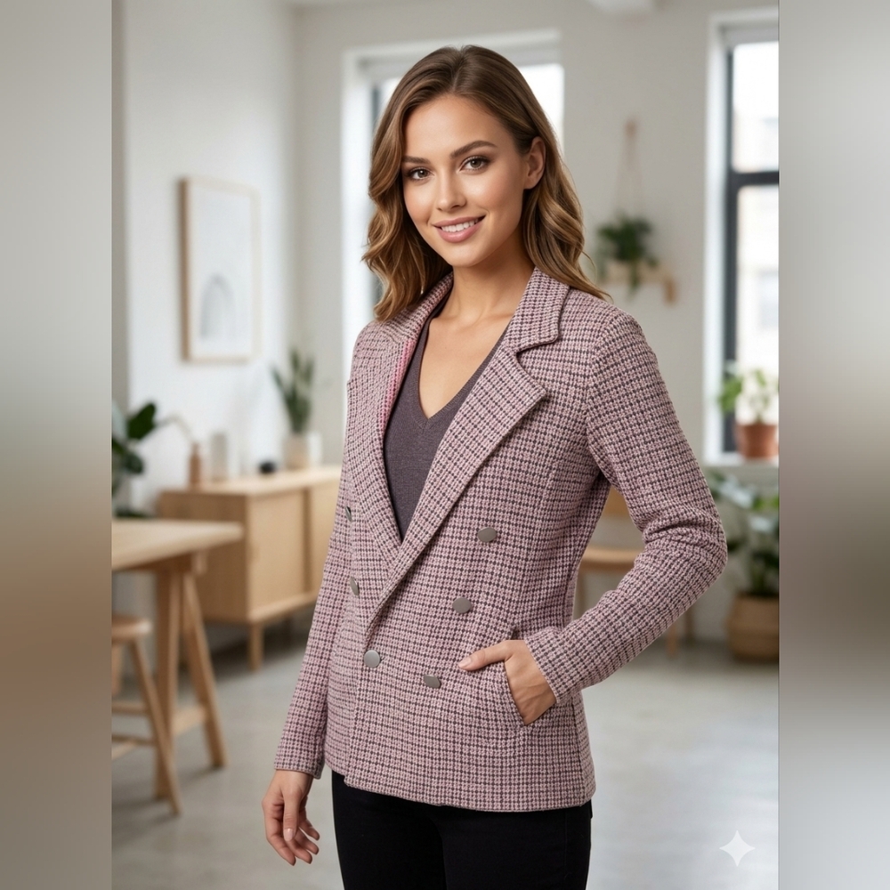 Max Studio Women's Double-Breasted Houndstooth Blazer Jacket XS Office‎ Career